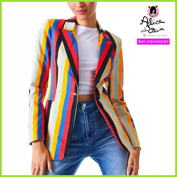 Alice + Olivia Breann Denim Boheme Striped Red Blue Multi Fitted Blazer Jacket - Picture 1 of 16